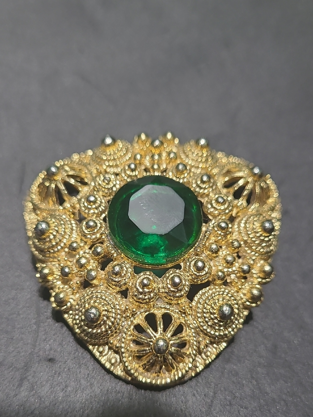 Gold Filigree Brooch with Emerald Green Center